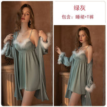 Load image into Gallery viewer, Women Satin Frayed Plush Suspender Skirt and Robe Two-piece Sexy Solid Color Lace Bathrobe Pajamas Suit Casual Loose Home Wear