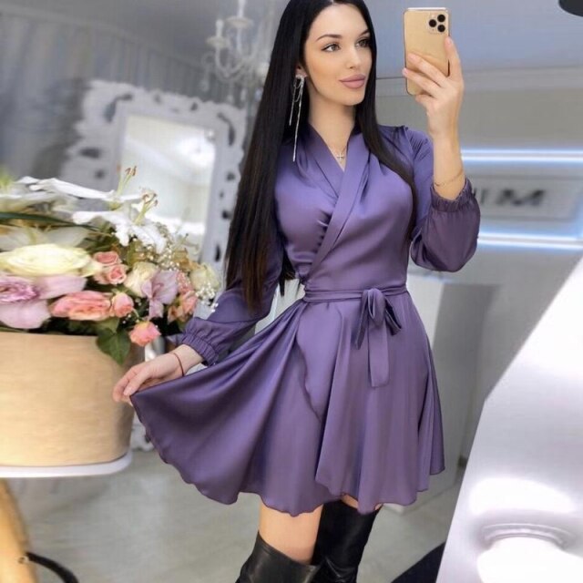 Women Satin High Waist Ruffle Dress Casual V Neck Lantern Sleeve Mini Dress 2022 Spring New Fashion Elegant Party A Line Dresses