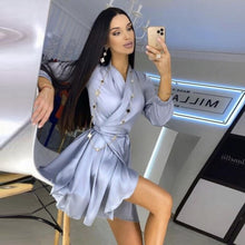 Load image into Gallery viewer, Women Satin High Waist Ruffle Dress Casual V Neck Lantern Sleeve Mini Dress 2022 Spring New Fashion Elegant Party A Line Dresses