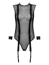Load image into Gallery viewer, Women See Through Mesh Bodysuit Faux Leather Patchwork Catsuit Round Neck Sleeveless High Cut Bodycon with Garter Belt and Cuffs