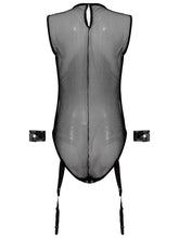 Load image into Gallery viewer, Women See Through Mesh Bodysuit Faux Leather Patchwork Catsuit Round Neck Sleeveless High Cut Bodycon with Garter Belt and Cuffs