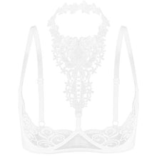 Load image into Gallery viewer, Women See Through Sheer Floral Lace Lingerie Exotic Adjustable Straps Nightclub Halter Open Cups Bra Push Up Underwire Bra Tops