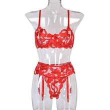 Load image into Gallery viewer, Women Sensual Lingerie Embroidery Lace Female Fancy Underwear Bloom Underwire Bra Suspender Belt Thong Set Erotic Apparel
