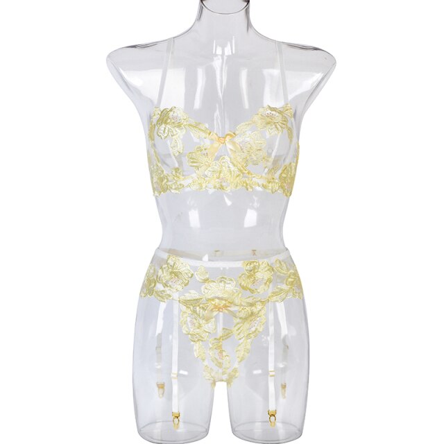Women Sensual Lingerie Embroidery Lace Female Fancy Underwear Bloom Underwire Bra Suspender Belt Thong Set Erotic Apparel