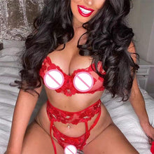 Load image into Gallery viewer, Women Sensual Lingerie Embroidery Lace Female Fancy Underwear Bloom Underwire Bra Suspender Belt Thong Set Erotic Apparel