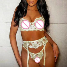 Load image into Gallery viewer, Women Sensual Lingerie Embroidery Lace Female Fancy Underwear Bloom Underwire Bra Suspender Belt Thong Set Erotic Apparel