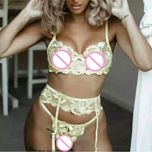 Load image into Gallery viewer, Women Sensual Lingerie Embroidery Lace Female Fancy Underwear Bloom Underwire Bra Suspender Belt Thong Set Erotic Apparel