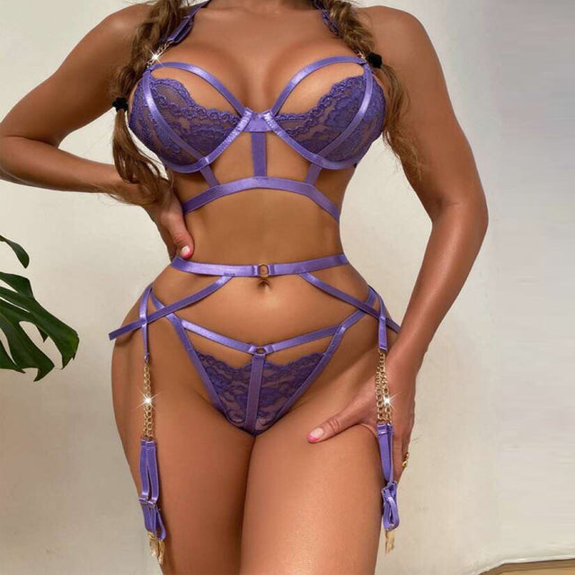 Women Sensual Lingerie Exotic Costumes Sexy Bottom Whore Hollow Out Halter Bra 3-Pieces Sissy Metal Chain Erotic Outfit