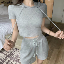 Load image into Gallery viewer, Women Sets Solid Hooded Short Sleeve T-shirts Pockets Drawstring Shorts Running All-match Elegant Korean Style Summer 2 Pieces