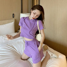 Load image into Gallery viewer, Women Sets Solid Hooded Short Sleeve T-shirts Pockets Drawstring Shorts Running All-match Elegant Korean Style Summer 2 Pieces