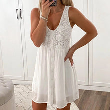 Load image into Gallery viewer, Women Sexy A-Line Solid V-Neck Sleeveless Lace Patchwork Casual Dress Women Tank Vest Mini Dress White Black Dress платье летнее