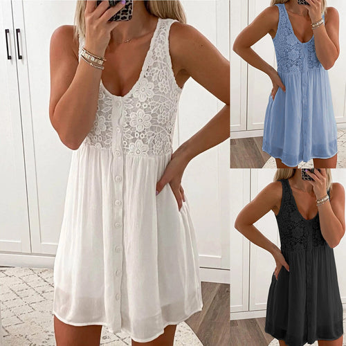 Women Sexy A-Line Solid V-Neck Sleeveless Lace Patchwork Casual Dress Women Tank Vest Mini Dress White Black Dress платье летнее
