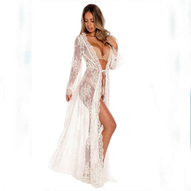 Women Sexy Bikini Cover Up Beach Dress Summer Black White Lace Kimono Boho Long Maxi Dress Loose Swimsuit