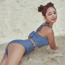 Load image into Gallery viewer, Women Sexy Bikini Set Vintage Plaid Back Tie Bow Ladies Beachwear High Waist Split Push-Up Padded Steel Ring Female Suits
