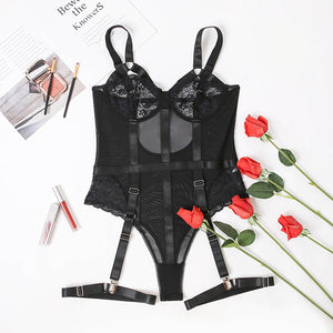 Women Sexy Bodysuits Corset Lace Embroidery Mesh Underwear Push Up Bra Erotic Costumes Sensual Lingerie Leg Garters Jumpsuit