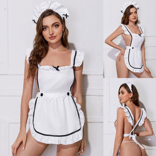 Women Sexy Cosplay Costumes White Maid Uniform Outfit Japanese School Role Play Backless Hollow Sexy Lingerie Cosplay Suit