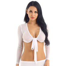 Load image into Gallery viewer, Women Sexy Deep V Crop Tops Long Sleeve Plunge Open Front Tie Up Mesh See Through Sheer Tee Shirt Tank Tops Slim Fit Streetwear