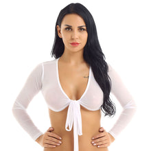 Load image into Gallery viewer, Women Sexy Deep V Crop Tops Long Sleeve Plunge Open Front Tie Up Mesh See Through Sheer Tee Shirt Tank Tops Slim Fit Streetwear