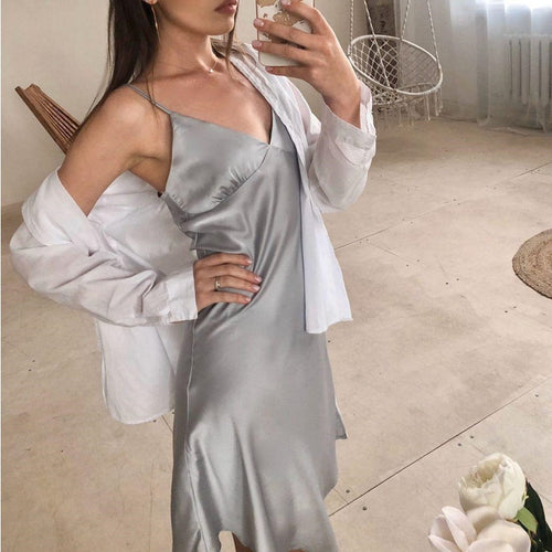 Women Sexy Deep V Neck Satin Dresses Spaghetti Strap Pajamas Party Dress 2020 Elegant Solid Color Female Dress Homewear Vestidos