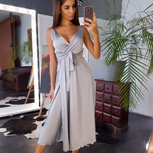 Load image into Gallery viewer, Women Sexy Deep V-neck Spaghetti Strap Dress Sashes Sleeveless Mid Length Party Dress 2021 Summer Fashion Vintage Elegant Dress