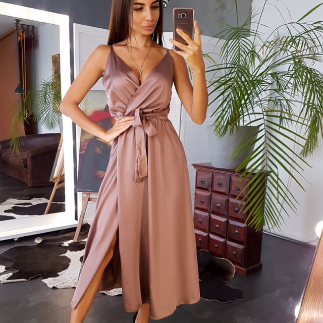 Women Sexy Deep V-neck Spaghetti Strap Dress Sashes Sleeveless Mid Length Party Dress 2021 Summer Fashion Vintage Elegant Dress
