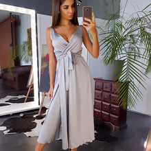 Load image into Gallery viewer, Women Sexy Deep V-neck Spaghetti Strap Dress Sashes Sleeveless Mid Length Party Dress 2021 Summer Fashion Vintage Elegant Dress