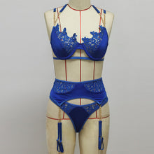 Load image into Gallery viewer, Women Sexy Embroidery Sensual Lingerie Halter Underwear Gold Chain Garters Lace Erotic Costumes Underwire Bra and Brief Sets