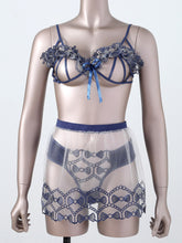 Load image into Gallery viewer, Women Sexy Embroidery Underwear See Through Erotic Costumes Hollow Out Bra Thong Transparent Skirt 3 Pieces Exotic Lingerie Set