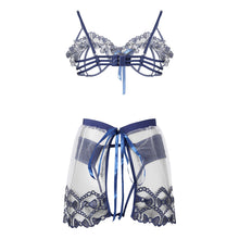 Load image into Gallery viewer, Women Sexy Embroidery Underwear See Through Erotic Costumes Hollow Out Bra Thong Transparent Skirt 3 Pieces Exotic Lingerie Set