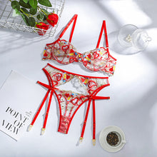 Load image into Gallery viewer, Women Sexy Embroidery Underwear See-Through Erotic Costumes Hollow Out Exotic Bra and Briefs Sensual Lingerie 3 Pieces Set