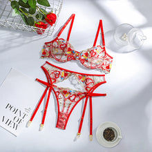 Load image into Gallery viewer, Women Sexy Embroidery Underwear See-Through Erotic Costumes Hollow Out Exotic Bra and Briefs Sensual Lingerie 3 Pieces Set