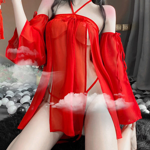 Women Sexy Exotic Lingeries Set Halloween Christmas Cosplay Costume G-string T-Back Antique Nightgowns Red Dress