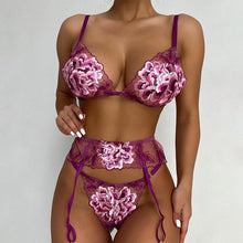Load image into Gallery viewer, Women Sexy Floral Embroidery Underwear 3 Pieces Set Erotic Bra Set Garter Thigh Belt Sensual Lingerie Perspective Underwear