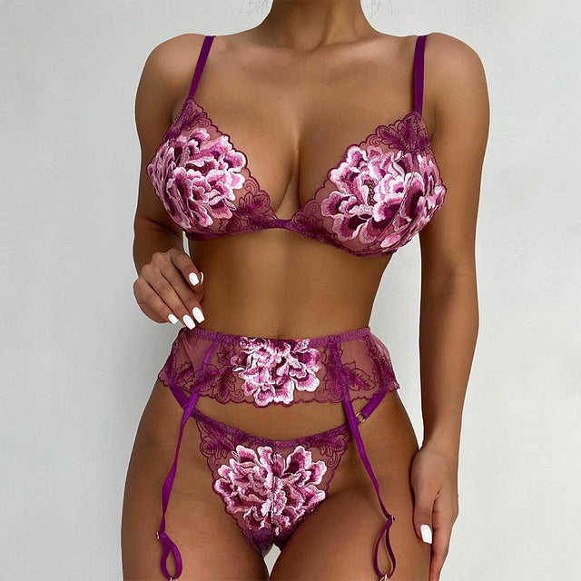 Women Sexy Floral Embroidery Underwear 3 Pieces Set Erotic Bra Set Garter Thigh Belt Sensual Lingerie Perspective Underwear