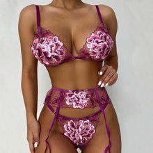 Load image into Gallery viewer, Women Sexy Floral Embroidery Underwear 3 Pieces Set Erotic Bra Set Garter Thigh Belt Sensual Lingerie Perspective Underwear