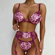 Load image into Gallery viewer, Women Sexy Floral Embroidery Underwear 3 Pieces Set Erotic Bra Set Garter Thigh Belt Sensual Lingerie Perspective Underwear