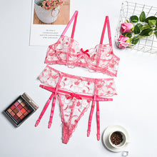 Load image into Gallery viewer, Women Sexy Floral Embroidery Underwear 3 Pieces Set Erotic Bra and Brief Set Garter Thigh Belt Sensual Lingerie Lace Exotic Suit