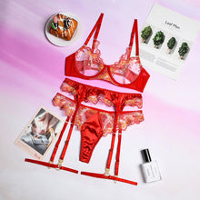 Load image into Gallery viewer, Women Sexy Floral Embroidery Underwear 4 Pieces Set Erotic Bra and Brief Set with Garters Sensual Lingerie Lace Female Underwear