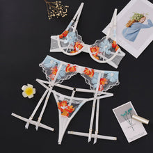 Load image into Gallery viewer, Women Sexy Floral Embroidery Underwear 4 Pieces Set Erotic Bra and Brief Set with Garters Sensual Lingerie Lace Female Underwear