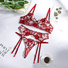 Load image into Gallery viewer, Women Sexy Floral Embroidery Underwear See-Through Erotic Hollow Out Underwire Bra and Briefs Set Sensual Lingerie 3 Pieces Set