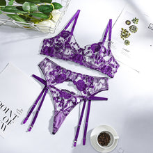 Load image into Gallery viewer, Women Sexy Floral Embroidery Underwear See-Through Erotic Hollow Out Underwire Bra and Briefs Set Sensual Lingerie 3 Pieces Set