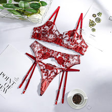 Load image into Gallery viewer, Women Sexy Floral Embroidery Underwear See-Through Erotic Hollow Out Underwire Bra and Briefs Set Sensual Lingerie 3 Pieces Set
