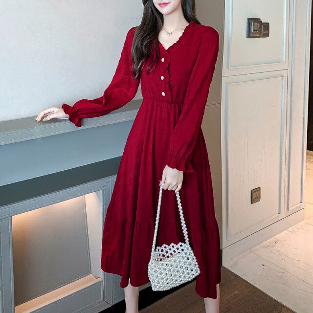 Women Sexy French Dress V-neck Gentle Korean Temperament Long-Sleeve Fashion White Fairy Dresses Chiffon Autumn Midi Dress