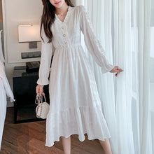 Load image into Gallery viewer, Women Sexy French Dress V-neck Gentle Korean Temperament Long-Sleeve Fashion White Fairy Dresses Chiffon Autumn Midi Dress