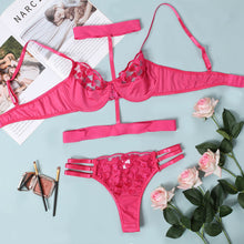Load image into Gallery viewer, Women Sexy HEmbroidery Underwear 3 Pieces Set Erotic Bra and Brief Sets with Choker Straps Sensual Lingerie Lace Exotic Suit