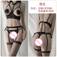 Load image into Gallery viewer, Women Sexy Halter Bra Crothcless Panty Garter Belt Lingerie with Neck Ring Set Adult Erotic Lingerie Hollow See Through Lingerie