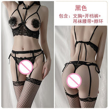 Load image into Gallery viewer, Women Sexy Halter Bra Crothcless Panty Garter Belt Lingerie with Neck Ring Set Adult Erotic Lingerie Hollow See Through Lingerie