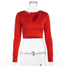 Load image into Gallery viewer, Women Sexy Harajuku T Shirt V Neck Tees Long Sleeve Top Cropped Tops Women Teeshirt Summer Casual Tops Red White Fashion 2021