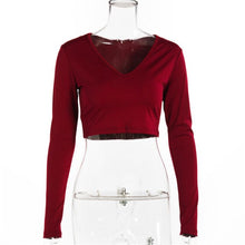 Load image into Gallery viewer, Women Sexy Harajuku T Shirt V Neck Tees Long Sleeve Top Cropped Tops Women Teeshirt Summer Casual Tops Red White Fashion 2021