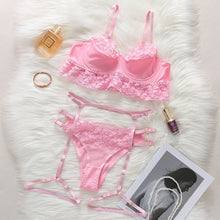 Load image into Gallery viewer, Women Sexy Heart Embroidery Underwear 3 Pieces Set Erotic Bra and Brief Set Garters Belt Sensual Lingerie Exotic Underwear
